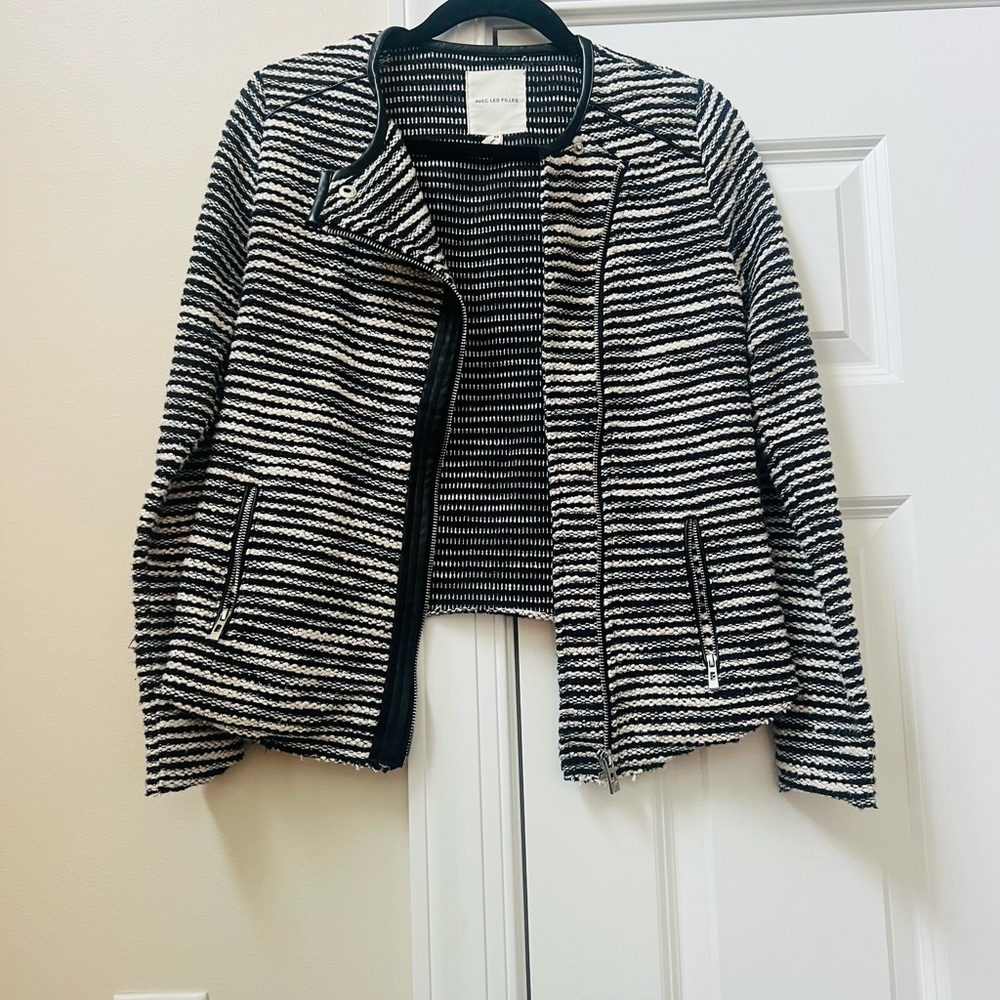 Avec Les Filles Black and White Striped Blazer